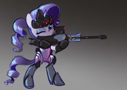 Size: 1500x1053 | Tagged: safe, artist:dawnfire, rarity, pony, unicorn, g4, bipedal, clothes, cosplay, costume, crossover, gun, one eye closed, overwatch, rarimaker, rifle, sniper rifle, solo, weapon, widowmaker