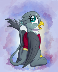 Size: 2000x2500 | Tagged: safe, artist:litrojia, gabby, griffon, g4, abstract background, clothes, cute, female, gabbybetes, happy, high res, hoodie, looking at you, sitting, smiling, solo