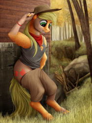 Size: 750x1000 | Tagged: safe, artist:geoffrey mcdermott, applejack, earth pony, pony, g4, applejack's hat, bandana, bipedal, bipedal leaning, bracelet, clothes, cowboy hat, digital painting, female, fingernails, forest, hairband, hat, human to pony, jewelry, leaning, mare, mid-transformation, outdoors, pants, ripped, ripped shirt, ripping clothes, shirt, solo, transformation