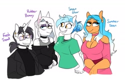 Size: 2497x1603 | Tagged: safe, artist:redxbacon, oc, oc only, oc:fresh trend, oc:rubber bunny, oc:snow star, oc:summer siren, earth pony, pegasus, unicorn, anthro, breasts, cleavage, family, father and child, father and daughter, female, heterochromia, male, mother and child, mother and daughter
