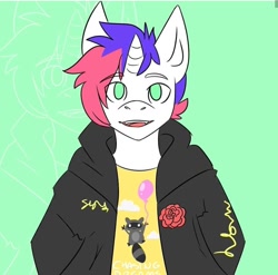 Size: 1080x1069 | Tagged: safe, artist:mr_fancyhat, oc, oc only, raccoon, unicorn, anthro, balloon, clothes, flower, hand in pocket, horn, jacket, rose, simple background, smiling, solo, unicorn oc