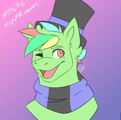 Size: 1071x1061 | Tagged: safe, artist:mr_fancyhat, oc, oc only, earth pony, pony, bust, clothes, ear fluff, earth pony oc, gradient background, hat, one eye closed, open mouth, scarf, signature, top hat, wink
