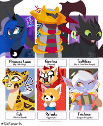 Size: 2050x2500 | Tagged: safe, artist:colinetheneko, princess luna, alicorn, big cat, cougar (animal), dragon, giratina, pony, red panda, anthro, g4, :p, aggretsuko, angry, anthro with ponies, clothes, crossover, female, fuli, high res, how to train your dragon, league of legends, looking up, mare, one eye closed, open mouth, peytral, pokémon, retsuko, rule 63, sanrio, six fanarts, smiling, the lion guard, tongue out, toothless the dragon, tristana, white eyes, wink