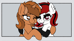 Size: 2149x1176 | Tagged: safe, artist:purplealacran, oc, oc only, oc:lilith, oc:sign, pony, unicorn, arm around back, arm warmers, bust, cheek to cheek, clothes, duo, ear piercing, eyeshadow, female, frame, freckles, looking at you, makeup, one eye closed, piercing, tongue out, tongue piercing