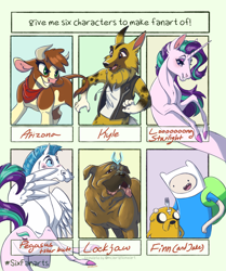 Size: 4885x5833 | Tagged: safe, artist:faline-art, arizona (tfh), starlight glimmer, cow, dog, human, pegasus, pony, unicorn, wolf, anthro, them's fightin' herds, g4, adventure time, animal crossing, anthro with ponies, backpack, clothes, community related, crossover, female, finn the human, greek mythology, horse-pony interaction, jake the dog, kyle (animal crossing), lockjaw, long glimmer, long pony, male, mare, neckerchief, pegasus (hercules), six fanarts, stallion