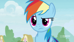 Size: 800x450 | Tagged: safe, screencap, rainbow dash, pegasus, pony, deep tissue memories, g4, spoiler:deep tissue memories, spoiler:mlp friendship is forever, 9now, animated, female, gif, mare, shrunken pupils, solo, surprised face, wide eyes