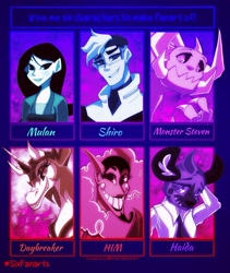 Size: 1080x1281 | Tagged: safe, artist:thee_asian_wolfagon, daybreaker, alicorn, devil, gem (race), human, hybrid, hyena, kaiju, pony, anthro, g4, spoiler:steven universe, spoiler:steven universe future, aggretsuko, anthro with ponies, arm behind head, bust, clothes, crossover, eyelashes, female, grin, haida, him, kaijufied, male, mane of fire, mare, monster, monster steven, mulan, necktie, sanrio, sharp teeth, six fanarts, smiling, spoilers for another series, steven quartz universe, steven universe, steven universe future, takashi shirogane, teeth, the powerpuff girls, voltron