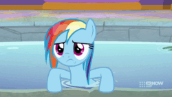 Size: 800x450 | Tagged: safe, screencap, rainbow dash, spike, starlight glimmer, alicorn, dragon, pegasus, unicorn, deep tissue memories, spoiler:deep tissue memories, spoiler:mlp friendship is forever, animated, gif, hiding, ponyville spa, smiling, sneaking, splashing, surprised face, swimming, unamused, underwater, water, wet, wet mane