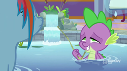 Size: 1280x720 | Tagged: safe, screencap, rainbow dash, spike, dragon, pegasus, pony, deep tissue memories, g4, my little pony: friendship is forever, 9now, faic, lidded eyes, out of context, ponyville spa, smiling, stoner spike, water, wet, wet mane