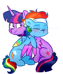 Size: 698x818 | Tagged: safe, artist:honneymoonmlp, derpibooru exclusive, rainbow dash, twilight sparkle, alicorn, pegasus, pony, deep tissue memories, g4, my little pony: friendship is forever, backwards cutie mark, blushing, colored wings, crying, cute, duo, hug, multicolored wings, spa pony rainbow dash, that was fast, twilight sparkle (alicorn), wings