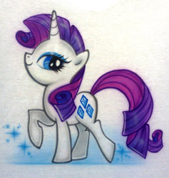 Size: 569x600 | Tagged: safe, artist:kabukihomewood, rarity, pony, unicorn, g4, airbrush, clothes, female, irl, looking back, mare, photo, raised hoof, shirt, smiling, solo, sparkles, stock vector, traditional art