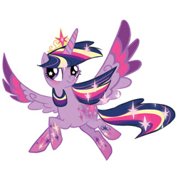 Size: 800x800 | Tagged: safe, twilight sparkle, alicorn, pony, g4, big crown thingy, colored wings, concept art, element of magic, female, flying, gradient hooves, horn, jewelry, mare, multicolored hair, multicolored horn, multicolored wings, rainbow power, regalia, simple background, smiling, solo, spread wings, twilight sparkle (alicorn), white background, wings