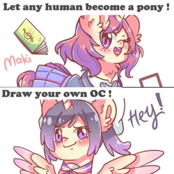 Size: 1080x1080 | Tagged: safe, artist:matcha_nekochan, oc, alicorn, pony, unicorn, alicorn oc, book, clothes, hat, horn, love live!, love live! school idol project, maki nishikino, one eye closed, ponified, school uniform, shirt, skirt, text, wings, wink