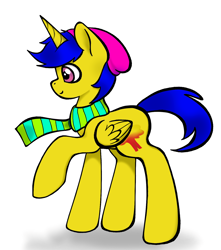 Size: 1306x1477 | Tagged: safe, artist:cagey, oc, oc only, oc:fire starter, alicorn, pony, clothes, cute, cutie mark, hat, scarf, shading, shadow, solo, striped scarf