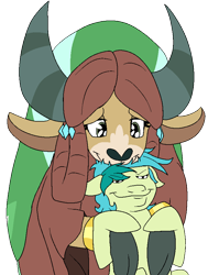 Size: 689x909 | Tagged: safe, artist:bennimarru, sandbar, yona, earth pony, pony, yak, g4, cloven hooves, colored, duo, duo male and female, female, flat colors, hug, hug from behind, larger female, male, monkey swings, older, older sandbar, older yona, ship:yonabar, shipping, simple background, size difference, smaller male, smiling, smug, straight, transparent background