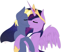 Size: 1280x1089 | Tagged: safe, artist:sweetblaze, star tracker, twilight sparkle, alicorn, earth pony, pony, g4, the last problem, crown, duo, ethereal mane, eyes closed, female, galaxy mane, jewelry, kissing, male, mare, older, older star tracker, older twilight, older twilight sparkle (alicorn), princess twilight 2.0, regalia, ship:twitracker, shipping, simple background, stallion, straight, transparent background, twilight sparkle (alicorn)