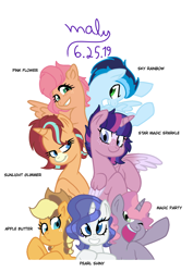 Size: 1000x1414 | Tagged: safe, artist:emeraldjeweltm, artist:malupokebr, oc, oc only, oc:apple butter, oc:magic party, oc:pearl shiny, oc:pink flower, oc:sky rainbow, oc:star magic sparkle, oc:sunlight glimmer, alicorn, earth pony, pegasus, pony, unicorn, base used, colored muzzle, colored wings, cowboy hat, female, freckles, hat, horn, looking at you, mare, multicolored hair, multicolored wings, next generation, offspring, one wing out, open mouth, parent:applejack, parent:big macintosh, parent:caramel, parent:fancypants, parent:flash sentry, parent:fluttershy, parent:pinkie pie, parent:pokey pierce, parent:rainbow dash, parent:rarity, parent:soarin', parent:starlight glimmer, parent:sunburst, parent:twilight sparkle, parents:carajack, parents:flashlight, parents:fluttermac, parents:pokeypie, parents:raripants, parents:soarindash, parents:starburst, signature, simple background, smiling, white background, wings