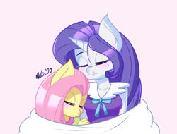 Size: 1450x1100 | Tagged: safe, artist:melliedraws, fluttershy, rarity, pegasus, unicorn, anthro, g4, blushing, clothes, cuddling, cute, eyes closed, female, heart nostrils, lesbian, mare, mole, ship:flarity, shipping, simple background, smiling, weapons-grade cute