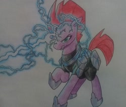 Size: 2876x2448 | Tagged: safe, artist:public mistake, tempest shadow, pony, unicorn, g4, my little pony: the movie, armor, broken horn, clothes, high res, horn, lightning, magic, simple background, traditional art