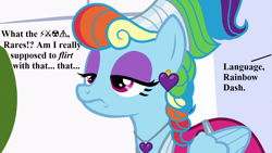 Size: 1280x720 | Tagged: safe, edit, edited screencap, editor:korora, screencap, rainbow dash, g4, sparkle's seven, alternate hairstyle, censored vulgarity, clothes, dress, ear piercing, earring, grawlixes, implied rarity, implied zephyr breeze, jewelry, megaradash, necklace, piercing, rainbow dash is not amused, unamused