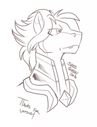 Size: 977x1280 | Tagged: safe, artist:bluntwhiskey, oc, oc only, oc:savage shark, original species, shark, shark pony, armor, bust, fangs, frown, male, monochrome, portrait, royal guard armor, scowl, simple background, solo, white background