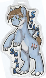Size: 263x440 | Tagged: safe, artist:rika, oc, oc only, oc:savage shark, original species, shark, shark pony, badge, claws, con badge, cropped tail, fin, male, scar, smiling, solo