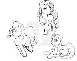Size: 880x704 | Tagged: safe, artist:rika, pinkie pie, rarity, twilight sparkle, earth pony, unicorn, book, eyes closed, female, grayscale, lidded eyes, looking at you, mare, monochrome, noisemaker, open mouth, prone, pronking, raised hoof, simple background, sketch, smiling, trio, trio female, unicorn twilight, watermark, white background, wip