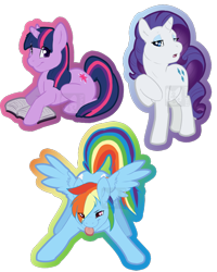 Size: 572x715 | Tagged: safe, artist:rika, rainbow dash, rarity, twilight sparkle, pegasus, pony, unicorn, g4, badge, book, con badge, female, lidded eyes, looking at you, mare, open mouth, prone, raised hoof, simple background, smiling, spread wings, tongue out, transparent background, trio, trio female, unicorn twilight, watermark, wings