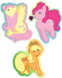 Size: 572x715 | Tagged: safe, artist:rika, applejack, fluttershy, pinkie pie, butterfly, earth pony, pegasus, pony, g4, badge, butterfly on nose, con badge, eyes closed, female, insect on nose, looking up, mare, noisemaker, one eye closed, open mouth, pronking, raised hoof, simple background, sitting, smiling, spread wings, transparent background, trio, trio female, watermark, wings