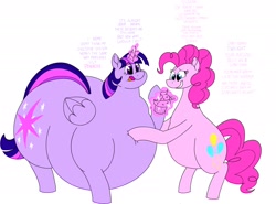 Size: 2172x1603 | Tagged: safe, artist:princebluemoon3, pinkie pie, twilight sparkle, alicorn, earth pony, pony, cakes for the memories, spoiler:cakes for the memories, spoiler:mlp friendship is forever, belly, big belly, bipedal, chubby, cupcake, dialogue, fat, food, huge butt, impossibly large belly, impossibly large butt, large belly, large butt, magic, obese, piggy pie, pudgy pie, simple background, squishy, stuffed, twilard sparkle, twilight has a big ass, twilight sparkle (alicorn), weight gain, white background