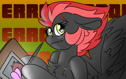 Size: 1920x1200 | Tagged: safe, artist:brainiac, derpibooru exclusive, oc, oc only, oc:cinder blaze, pegasus, pony, butt, chest fluff, commission, drawing tablet, female, looking at you, mare, solo, spread wings, wings