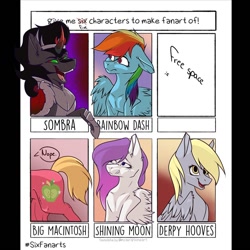 Size: 1080x1080 | Tagged: safe, artist:fluffysiera, big macintosh, derpy hooves, king sombra, rainbow dash, oc, oc:shining moon, earth pony, pegasus, pony, unicorn, g4, bust, cloak, clothes, curved horn, fangs, female, horn, laughing, male, mare, nope, offscreen character, open mouth, six fanarts, smiling, stallion