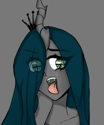 Size: 720x867 | Tagged: safe, artist:memengla, queen chrysalis, human, g4, bust, eye clipping through hair, female, gray background, hair over one eye, horn, horned humanization, humanized, open mouth, simple background, solo, tongue out