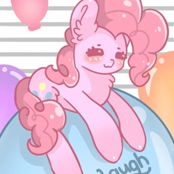 Size: 1080x1080 | Tagged: safe, artist:matcha_nekochan, pinkie pie, earth pony, pony, g4, balloon, chest fluff, cute, diapinkes, ear fluff, eyes closed, female, happy, mare, smiling, solo, text, that pony sure does love balloons