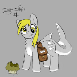 Size: 875x875 | Tagged: safe, artist:savageshark, derpy hooves, original species, shark, shark pony, g4, :t, bag, crumbs, cute, derpabetes, derpy sharkooves, eating, female, fin, food, grayscale, looking at you, monochrome, muffin, pale belly, saddle bag, sharkified, solo, species swap