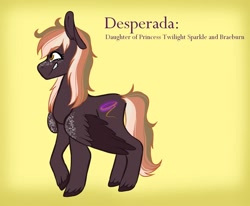 Size: 1024x844 | Tagged: safe, artist:hawklesscorruption, oc, oc only, oc:desperada, pegasus, pony, female, freckles, mare, offspring, parent:braeburn, parent:twilight sparkle, parents:twiburn, sidemouth, simple background, solo, yellow background