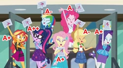 Size: 1257x697 | Tagged: safe, edit, edited screencap, screencap, applejack, fluttershy, pinkie pie, rainbow dash, rarity, sci-twi, sunset shimmer, twilight sparkle, equestria girls, equestria girls series, g4, the finals countdown, armpits, arms in the air, clothes, dress, fluttershy boho dress, hands in the air, humane five, humane seven, humane six, legs, rarity peplum dress, skirt, sleeveless, sleeveless dress