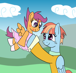 Size: 2048x1964 | Tagged: safe, artist:platinumdrop, scootaloo, windy whistles, pegasus, pony, g4, adopted, adopted offspring, affection, ballerina, clothes, cute, cutealoo, dress, female, holding, holding a pony, kiss mark, lipstick, love, mother and child, mother and daughter, request, scootadoption, scootalove, scootarina, tutu