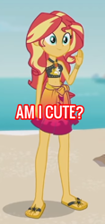 Size: 242x518 | Tagged: safe, edit, edited screencap, screencap, sunset shimmer, equestria girls, equestria girls series, g4, unsolved selfie mysteries, beach, bikini, bronybait, clothes, cropped, feet, female, flip-flops, sandals, solo, swimsuit