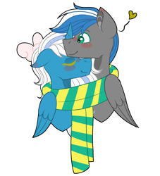 Size: 852x938 | Tagged: safe, artist:king-justin, oc, oc:cloud zapper, oc:fleurbelle, alicorn, pegasus, pony, alicorn oc, blushing, clothes, eyes closed, female, fleurpper, green eyes, horn, mare, nuzzling, pegasus oc, scarf, shipping, simple background, smiling, transparent background, wings