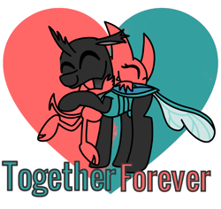 Size: 1286x1214 | Tagged: safe, artist:rainbowbacon, oc, oc:satina, oc:steel crescent, changeling, demon, cute, duality, duo, fangs, heart, heart background, horns, hug, love, satina, shipping, text, young