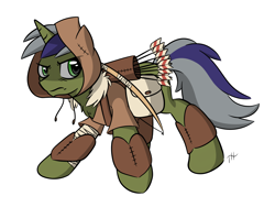 Size: 4000x3000 | Tagged: safe, artist:fakskis, oc, oc only, pony, unicorn, arrow, bandage, bow (weapon), bow and arrow, chest fluff, clothes, commission, high res, hood, horn, male, no nose, quiver, signature, simple background, solo, stallion, weapon, white background
