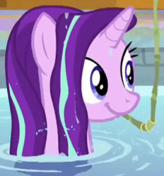 Size: 304x327 | Tagged: safe, screencap, starlight glimmer, pony, unicorn, deep tissue memories, g4, my little pony: friendship is forever, cropped, cute, glimmerbetes, long hair, smiling, wet hair, wet mane, wet mane starlight glimmer