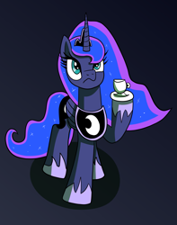 Size: 1613x2048 | Tagged: safe, artist:platinumdrop, princess luna, alicorn, pony, g4, coffee, cup, female, gradient background, looking up, mare, saucer, serious, serious face, solo