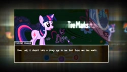 Size: 1280x720 | Tagged: safe, rainbow dash, scootaloo, twilight sparkle, pegasus, pony, unicorn, my little investigations, g4, carousel boutique, dialogue, dialogue box, female, filly, reference in the description, tire marks, unicorn twilight