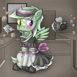 Size: 2500x2500 | Tagged: safe, artist:jesterpi, oc, oc:buzbuz, oc:jester pi, bee, insect, pegasus, pony, bow, clothes, crossdressing, cute, duster, dusting, glowing, happy, heterochromia, high res, home, horn, house, maid, male, mouth hold, pegacorn, shelf, stallion, wings, work, working