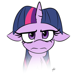 Size: 3250x3250 | Tagged: safe, artist:fakskis, twilight sparkle, pony, unicorn, g4, bags under eyes, bust, chest fluff, female, floppy ears, frown, grumpy, grumpy twilight, high res, looking at you, mare, portrait, simple background, solo, twilight sparkle is not amused, unamused, unicorn twilight, white background