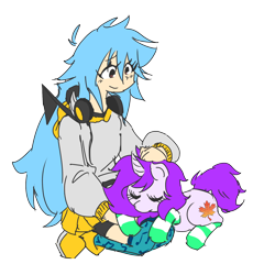 Size: 1688x1759 | Tagged: safe, artist:doodlegamertj, oc, oc only, oc:mable syrup, oc:musicallie, human, pony, unicorn, blue hair, clothes, humanized, petting, simple background, sleeping, socks, striped socks, transparent background