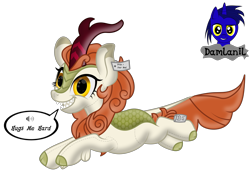 Size: 4154x3095 | Tagged: safe, artist:damlanil, autumn blaze, kirin, pony, g4, doll, female, horn, label, mare, plushie, price tag, sharp teeth, shiny, simple background, smiling, solo, speech bubble, teeth, text, toy, transparent background
