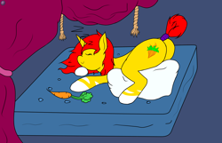 Size: 4756x3072 | Tagged: safe, artist:sovietpony, artist:terminalhash, oc, oc only, oc:rouzfirecarrot, pony, unicorn, butt, carrot, curtains, face down ass up, food, mattress, pillow, plot, sleeping, solo, tail bun, tail wrap, tassels